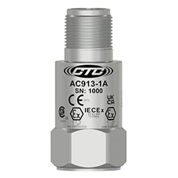 A stainless steel AC913 intrinsically safe, top exit accelerometer engraved with the CTC line logo, product number, serial number, and hazardous area certification markings.